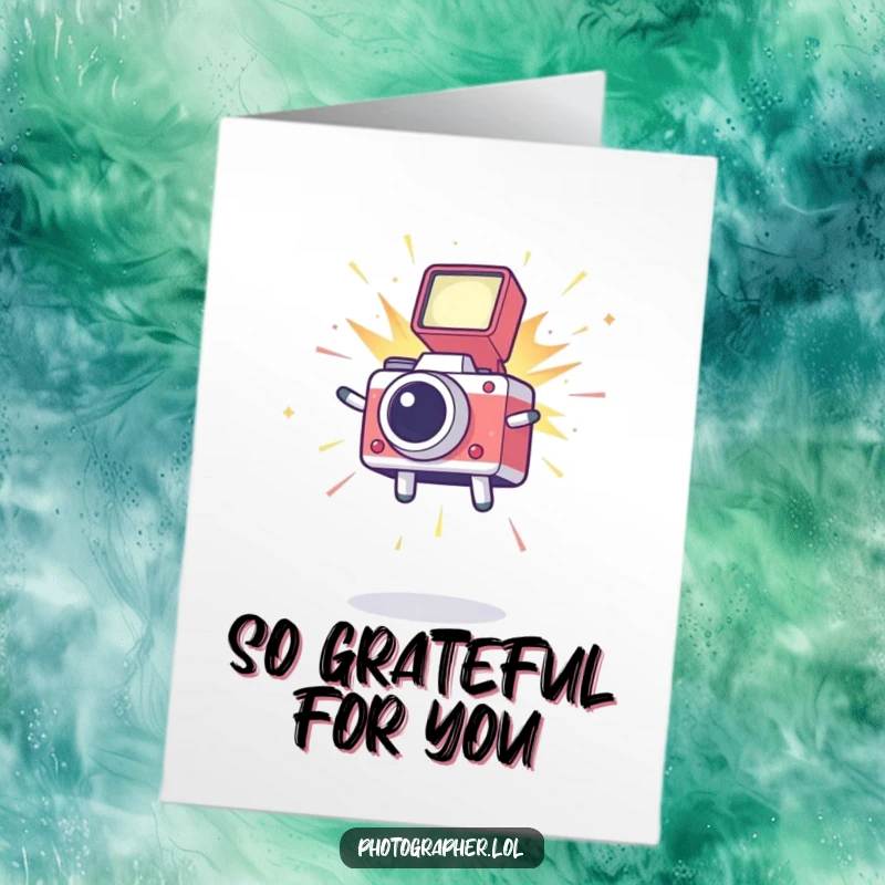 Free Printable Thank You Card: A cute icon leaping joyfully, a camera flash exploding, expressing animated thanks.