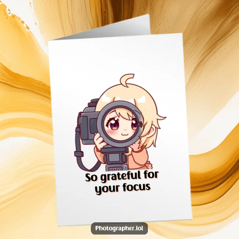 Funny Free Printable Thank You Card: Character aims a camera, focused but cheerful, offering a thoughtful downloadable gift.