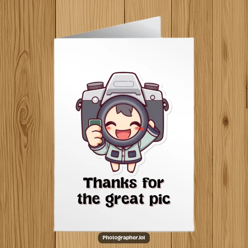 Funny Free Printable thank you card: A character happily presses a camera shutter, sending thanks.