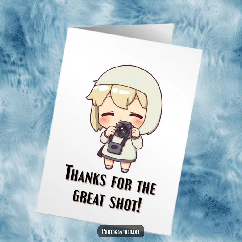 Funny Free Printable Thank You Card: Character eagerly adjusts camera strap, excited to thank you.