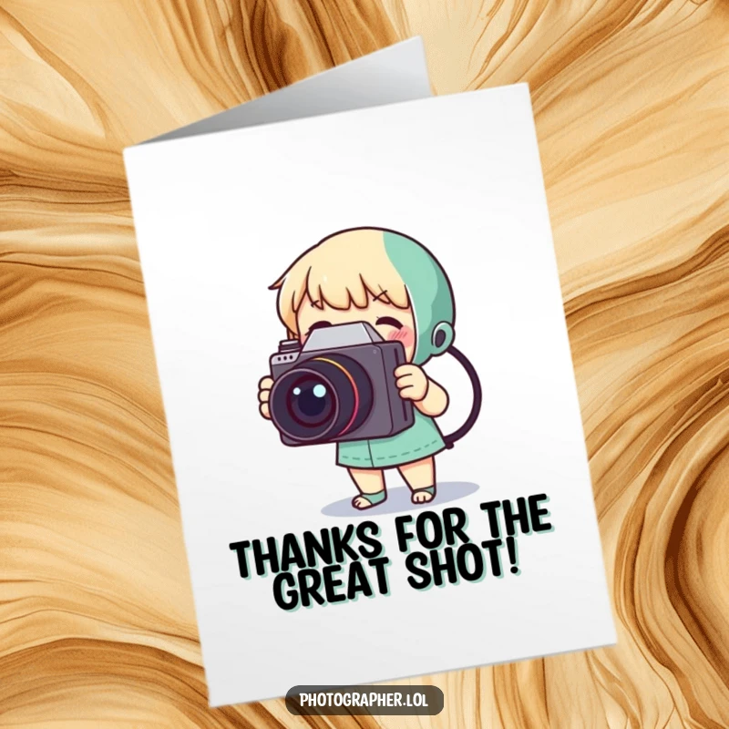 Funny Free Printable Thank You Card: Tiny character gleefully snaps a photo with a vintage camera to say thanks.