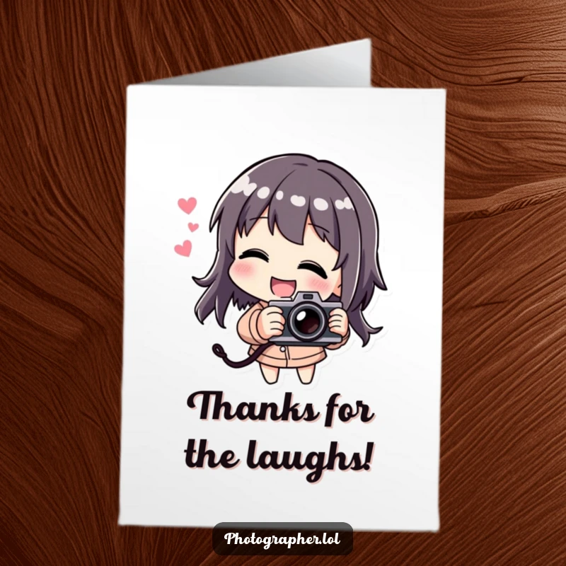 Funny free printable thank you card of a character holding a camera playfully and laughing.