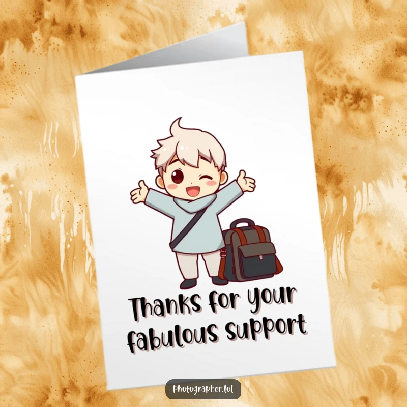 Funny Free Printable Thank You Card: Photographer striking a funny pose with outstretched arms, camera bag present.