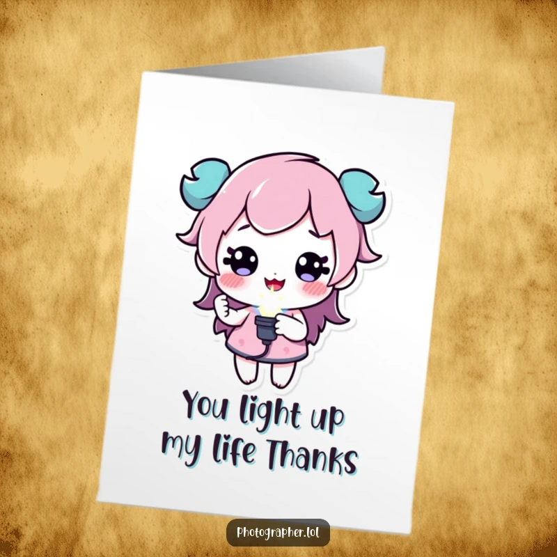 Funny Free Printable Thank You Card: A character holds a flash bulb radiating cheerful sparkles, conveying thanks with humor.