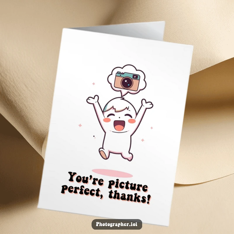 Funny Free Printable Thank You Card: An adorable subject jumps for joy, a thought bubble with a camera icon above, expressing thanks enthusiastically.