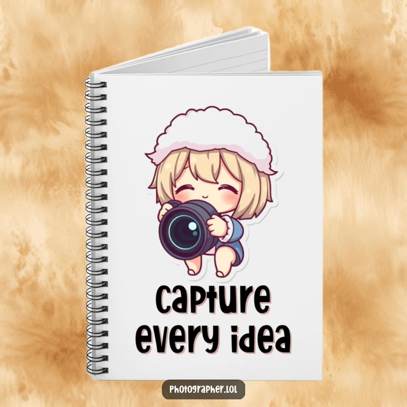 Funny notebook featuring a cute character gleefully adjusting a camera lens with a fluffy lens cap, perfect for jotting down photo ideas.