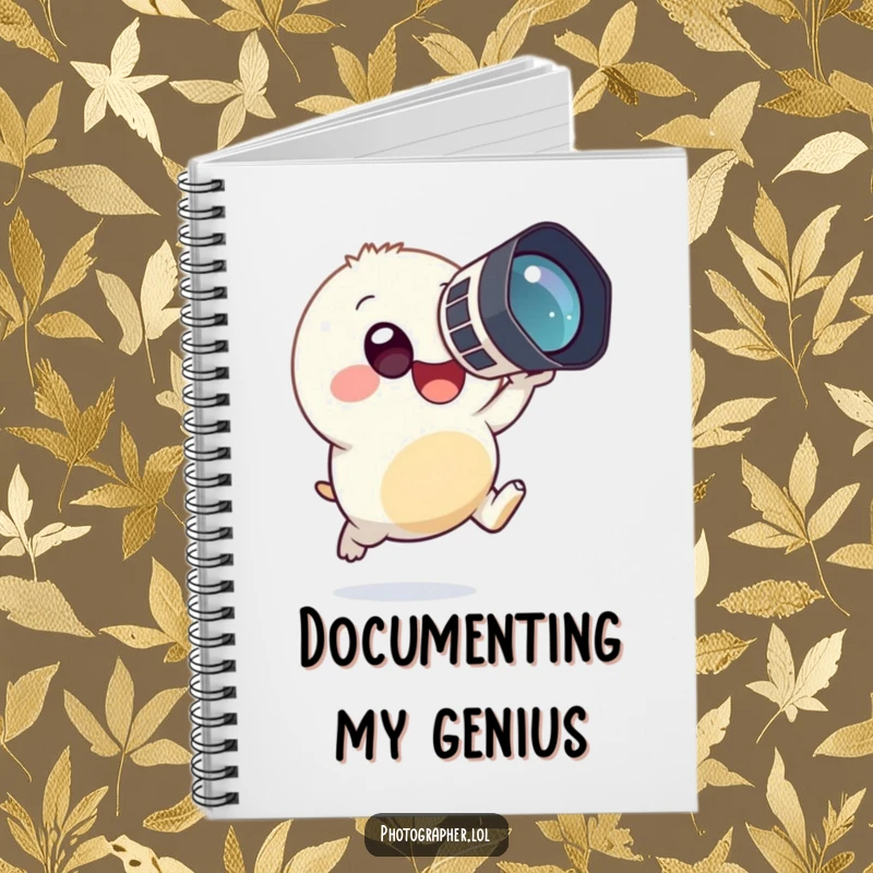 Funny notebook cover with a tiny, round creature happily leaping while holding a large camera to its eye, ready for creative notes.
