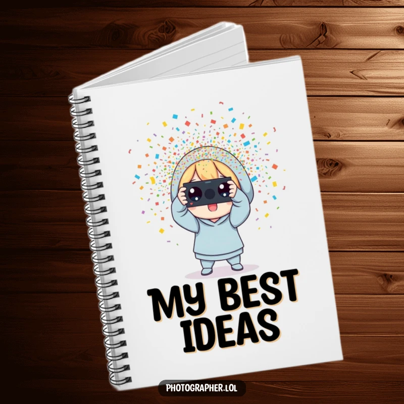 Funny photographer notebook, a character snapping a photo with colorful confetti erupting, perfect for jotting down party ideas.