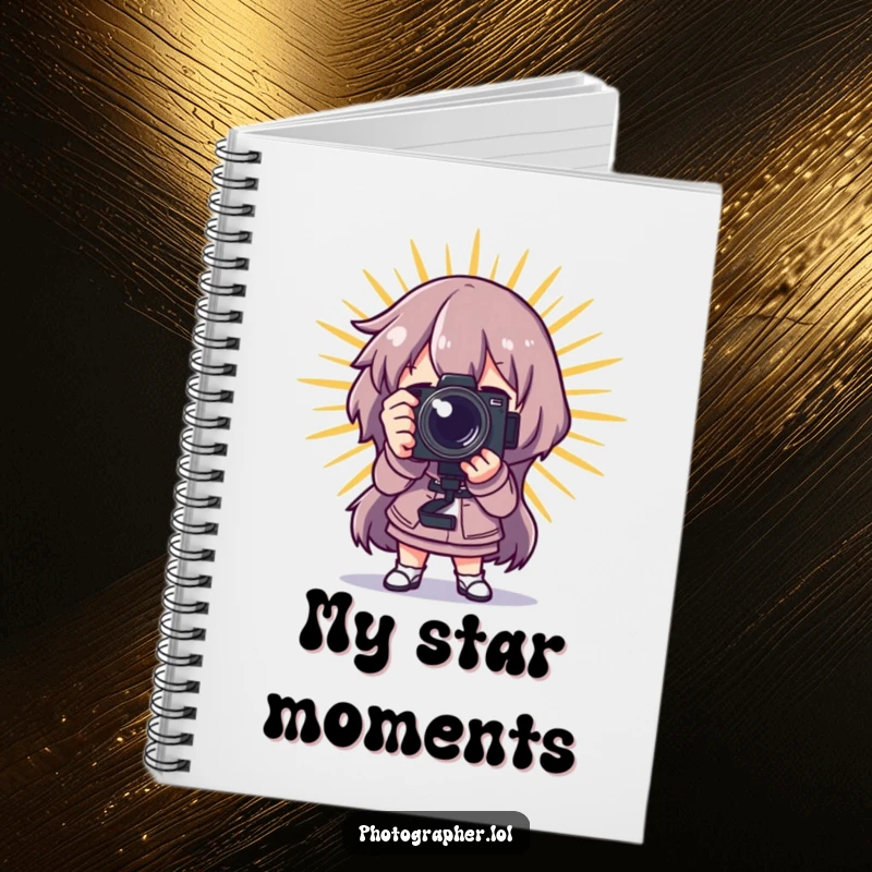 Funny photographer notebook, a character posing dramatically with a camera and a starburst, perfect for recording dramatic ideas.