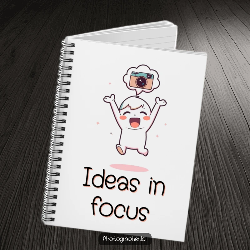 Funny Notebook: An adorable character jumps for joy, a camera icon visible in their thought bubble, ready for notes.