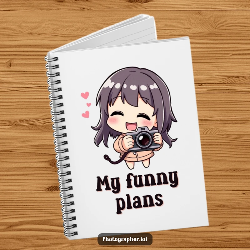 Funny notebook featuring a laughing character playfully tilting a camera, ideal for note-taking and creative ideas.