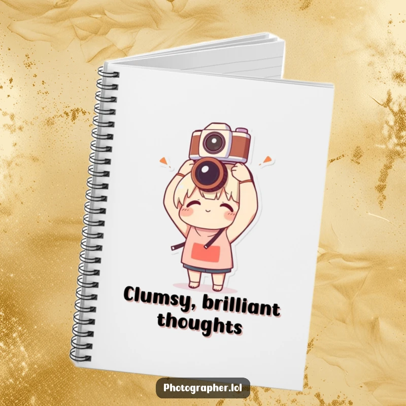 Funny notebook with a character balancing a camera on their head with clumsy delight, perfect for journaling or note-taking with a humorous twist.