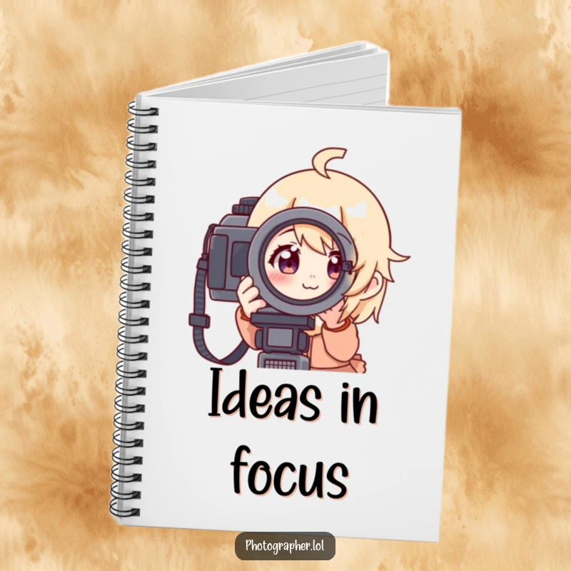 Funny notebook with a character looking through a camera viewfinder with a focused but cheerful expression, perfect for journaling photography ideas.