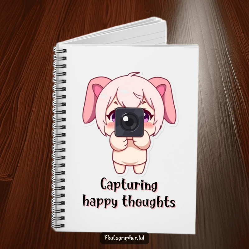 Funny notebook cover with a character pointing a camera forward with a big smile, designed for notes and inspiration.
