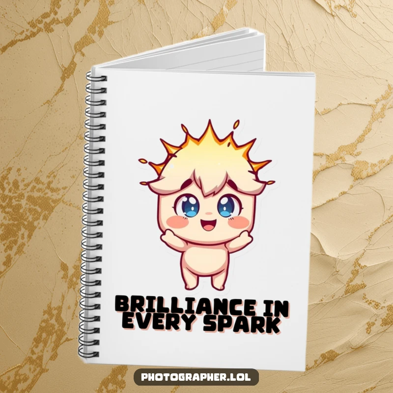 Funny notebook cover with a character with wide, fun eyes reacting to a flash bulb explosion, for notes.