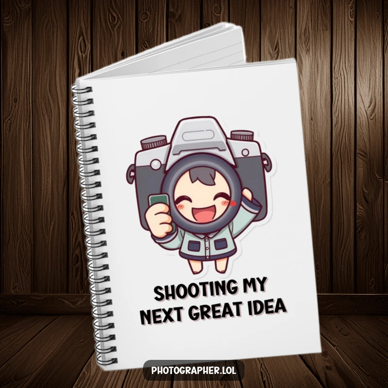 Funny notebook featuring a character enthusiastically using a camera shutter, perfect for photographers to jot down ideas and observations.