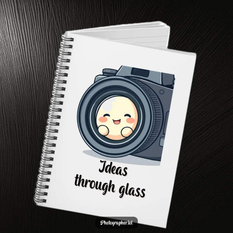 Funny notebook cover with a cute blob character giggling as it peeks through a vintage camera lens, ready for nostalgic notes.