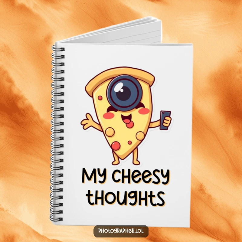 Funny notebook cover with a pizza slice wearing a lens and taking a selfie, perfect for capturing witty thoughts and pizza-related ideas.