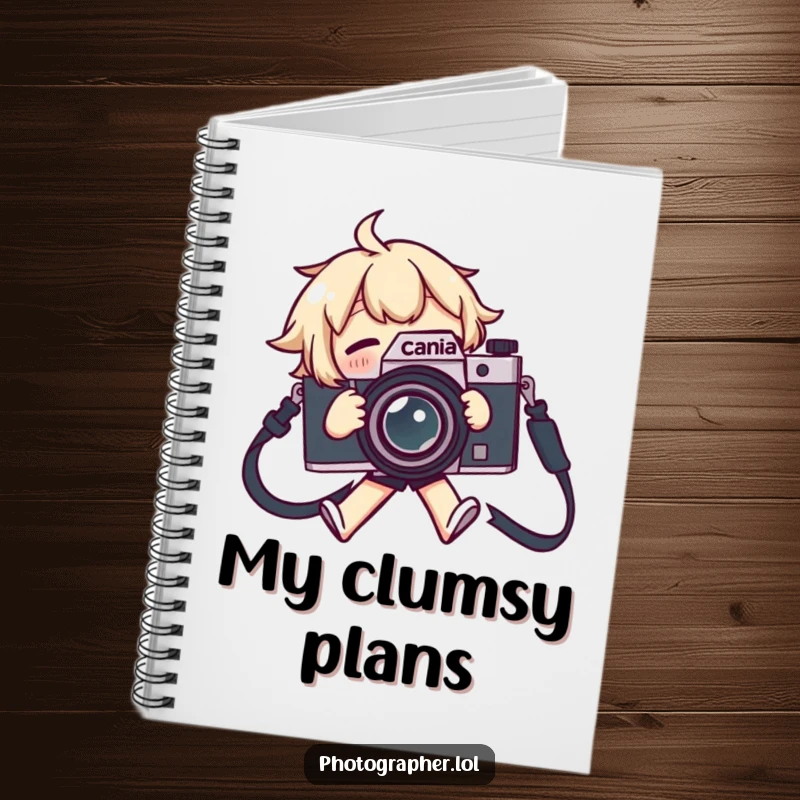 Funny notebook featuring a character tripping over a camera strap, flailing comically, ideal for notes.