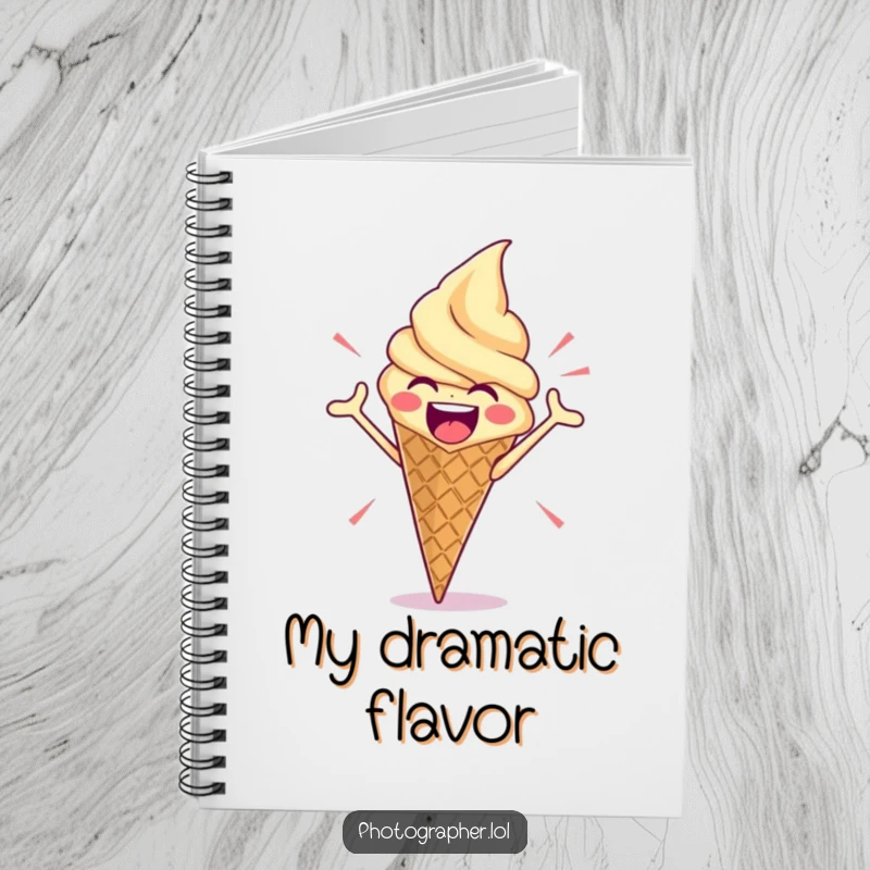 Funny notebook cover with an enthusiastic ice cream cone striking a dramatic pose, perfect for jotting down bold ideas and sweet thoughts.