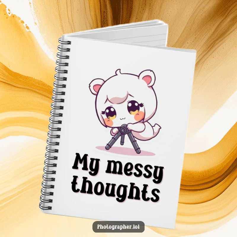 Funny Notebook: A tiny character with big eyes comically trips over a camera tripod while jotting down ideas.