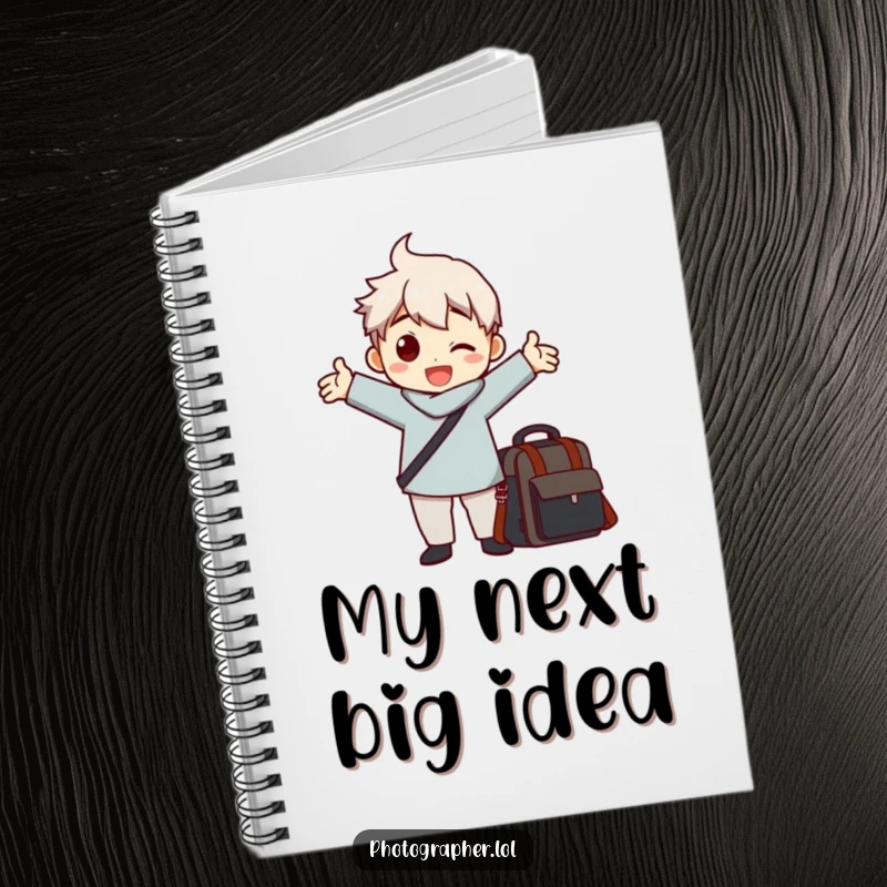 Funny notebook featuring a character striking a dramatic pose with arms outstretched next to a camera bag, for photo notes.