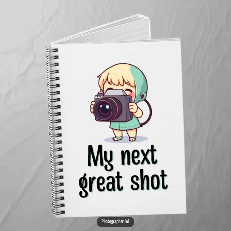Funny notebook cover showing a tiny person happily taking a picture with a bulky, retro camera, for note-taking.
