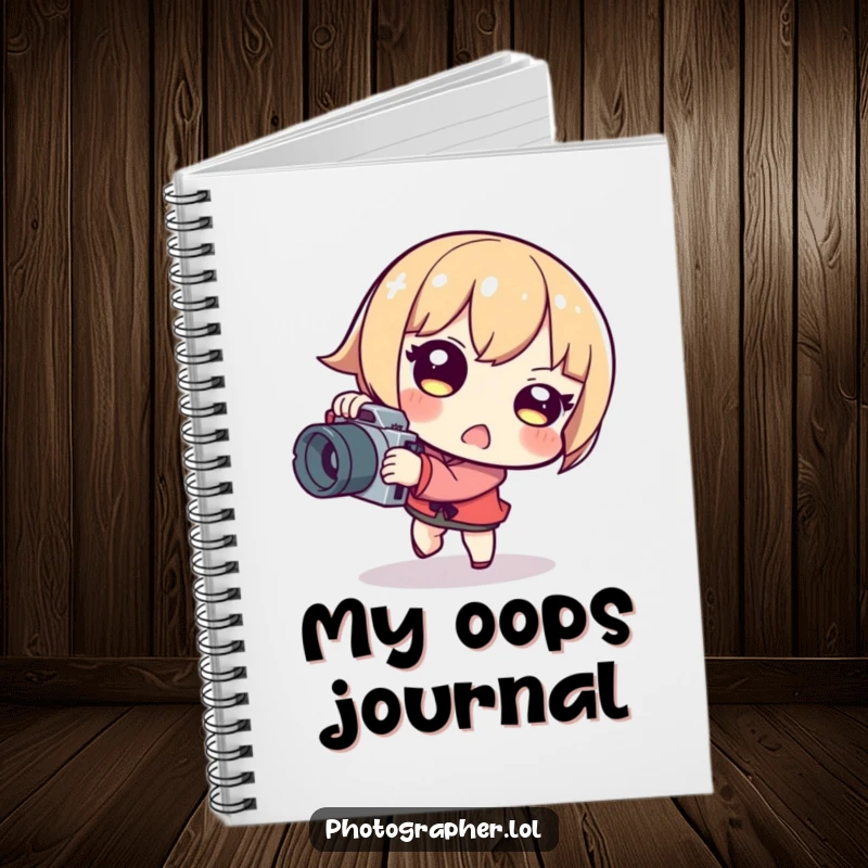 Funny tripping photographer notebook with a character stumbling while holding a camera, perfect for jotting down creative thoughts.