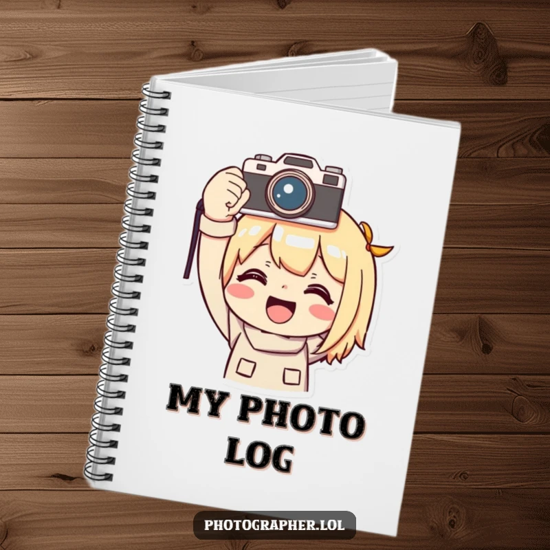 Funny photographer notebook, a character smiling triumphantly holding a camera overhead, perfect for recording ideas with humor.