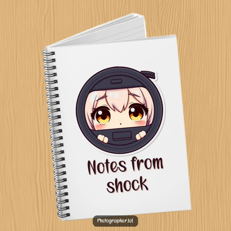 Funny notebook with a character's wide, surprised eyes looking through a camera viewfinder, ideal for photo notes.