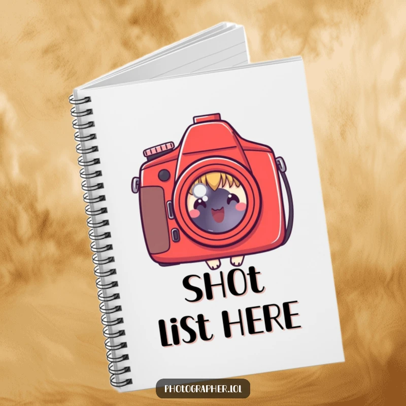 Funny notebook with a cute character peeking behind a red camera, ideal for capturing ideas, a great funny gift.