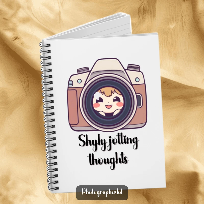 Funny shy photographer notebook with a small character peeking from behind a camera lens, perfect for jotting down creative ideas.