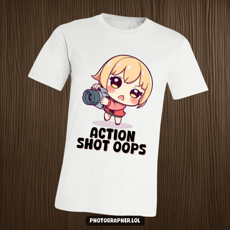 Funny tripping photographer t-shirt featuring a character slightly falling while holding a camera, expressing playful surprise.