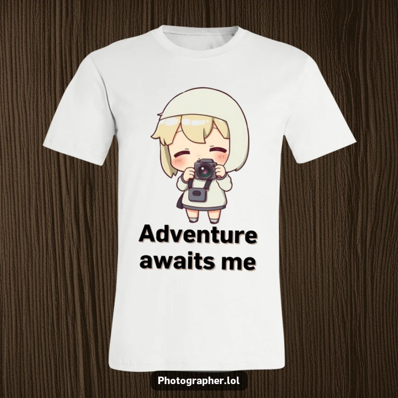 Funny t-shirt featuring someone adjusting a camera strap with an excited expression, conveying anticipation for photography.