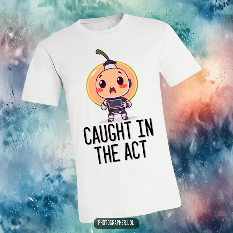 Funny t-shirt illustrating a surprised fruit item being captured on camera by a small, diligent robot, a humorous scene of discovery.