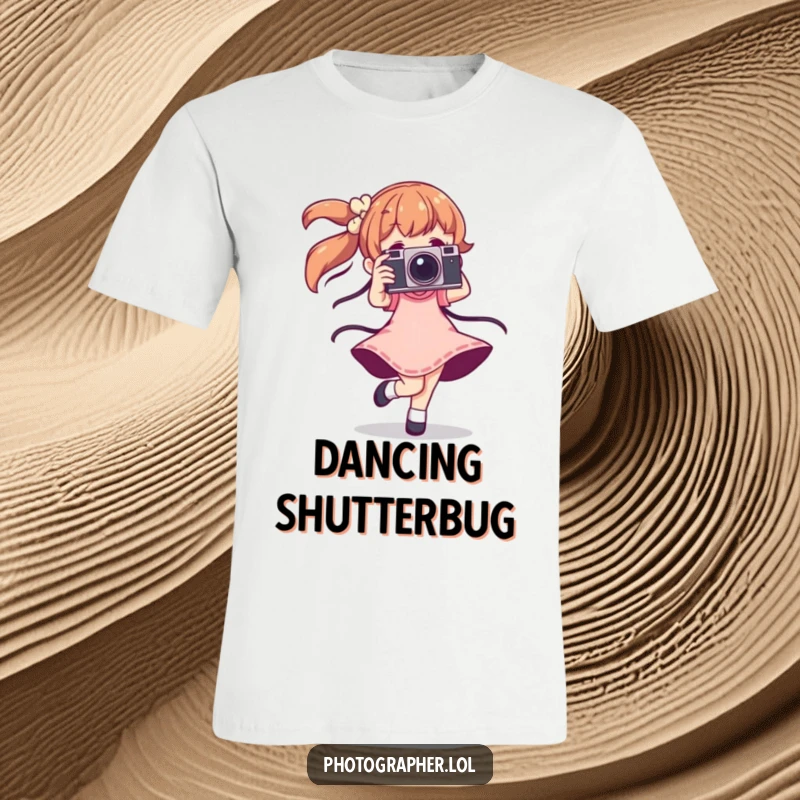 Funny dancing photographer t-shirt featuring a character in mid-twirl, joyfully holding a vintage camera, full of energy.