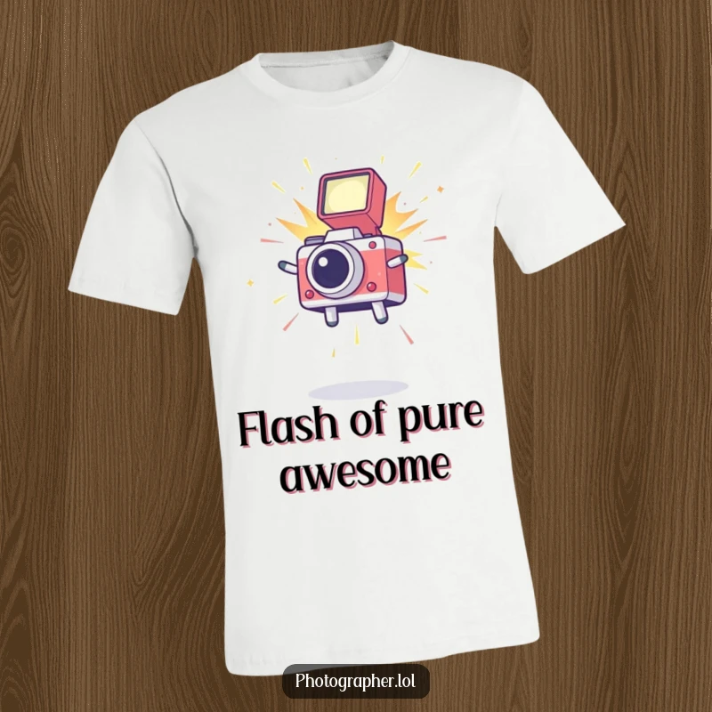 Funny t-shirt with a cute icon in mid-air leap, accompanied by a bursting camera flash, representing photographic joy and action.