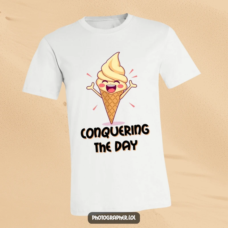 Funny t-shirt featuring an ice cream cone striking a dramatic pose, conveying a sense of playful energy and sweet theatricality.