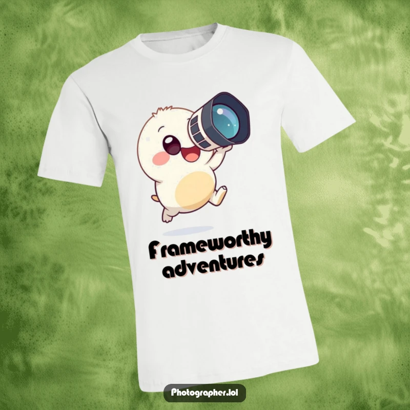 Funny t-shirt featuring a small, round creature enthusiastically leaping while holding a comically large camera to its eye, capturing joyful action.
