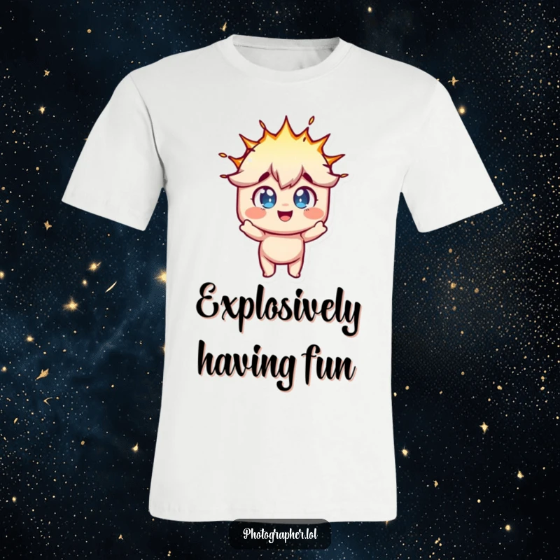 Funny t-shirt print of a character with eyes wide in fun, mid-flash bulb explosion, capturing a dynamic moment.