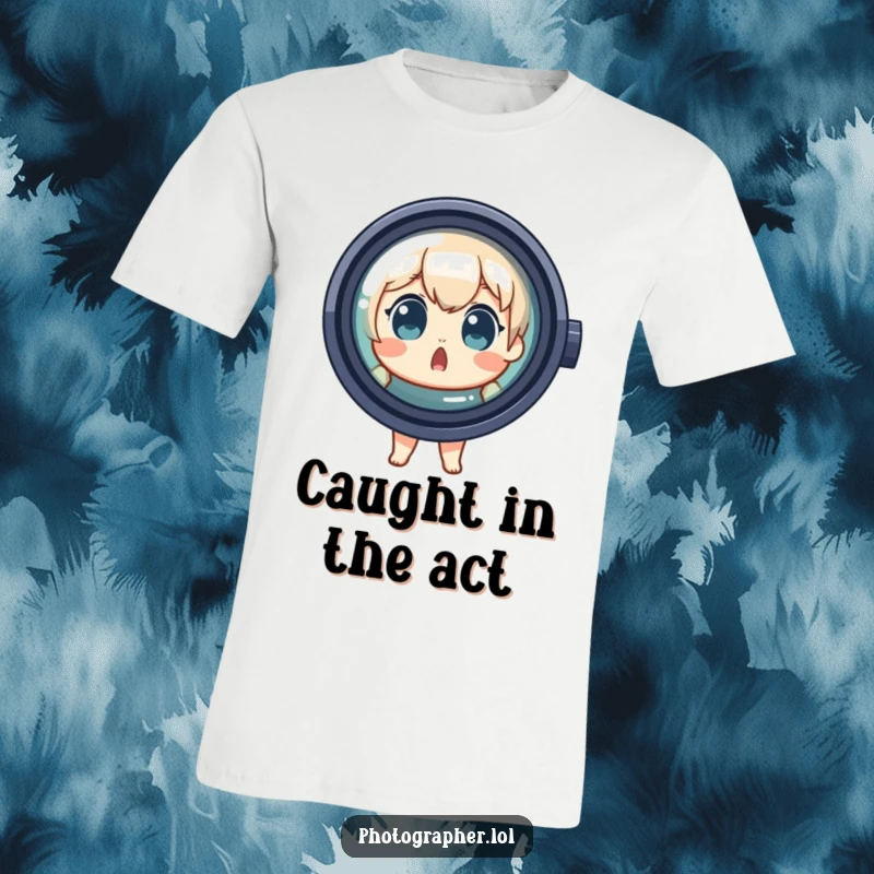 Funny T-Shirt with a surprised character peering from behind an oversized camera lens, a humorous take on focus and perspective.
