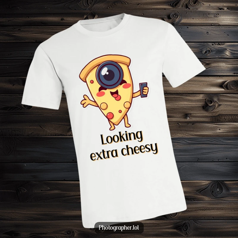 Funny t-shirt displaying a pizza slice with a camera lens, comically taking a selfie, celebrating food and self-appreciation.
