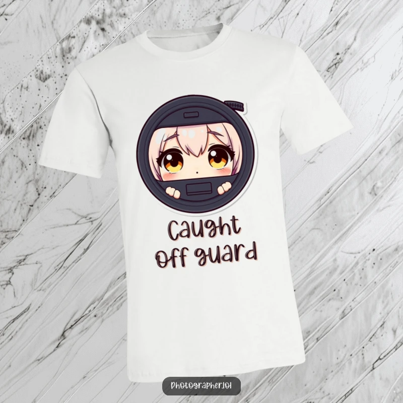 Funny t-shirt featuring a character with wide, surprised eyes looking through a camera viewfinder, expressing photo shock.