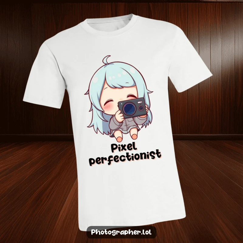 Funny t-shirt with a character happily reviewing a photo on their camera, giggling softly at the great shot.