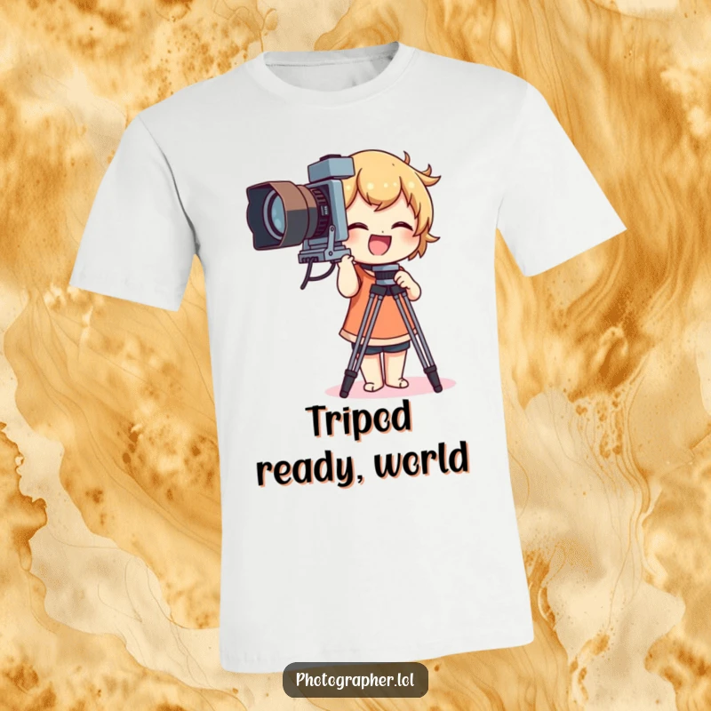 Funny t-shirt showing a character giggling while adjusting a big vintage camera tripod, perfect for photo enthusiasts.