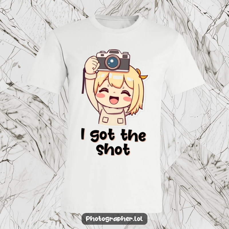 Funny photographer t-shirt, a character smiling triumphantly while holding a camera overhead, celebrating photographic success.