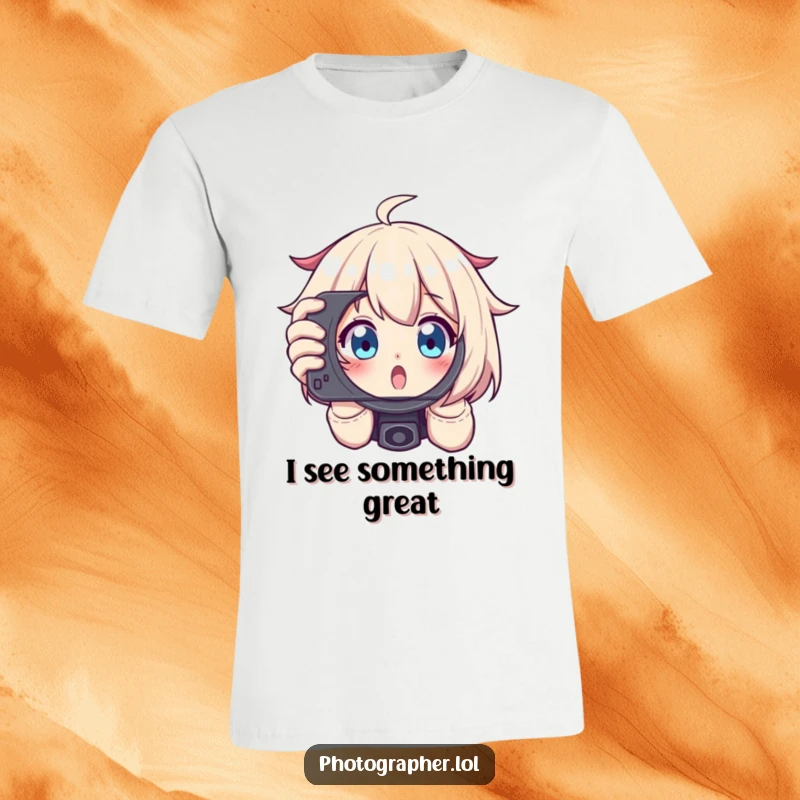 Funny t-shirt showing a character excitedly framing a shot, peeking through a viewfinder with wide eyes, perfect for photographers.
