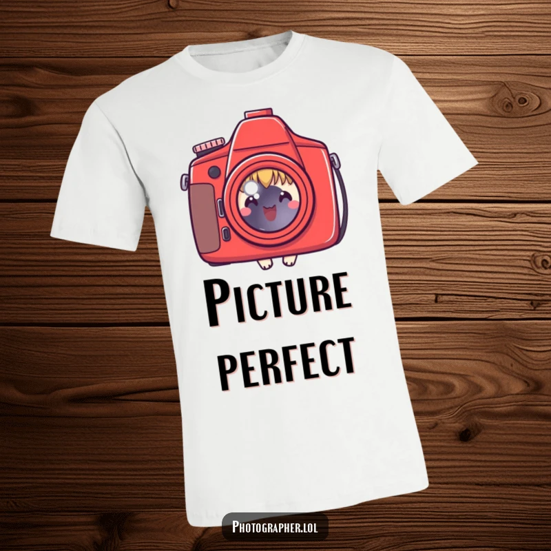 Funny t-shirt featuring a cute character peeking from behind a red camera, ideal for photo enthusiasts, a great funny gift.