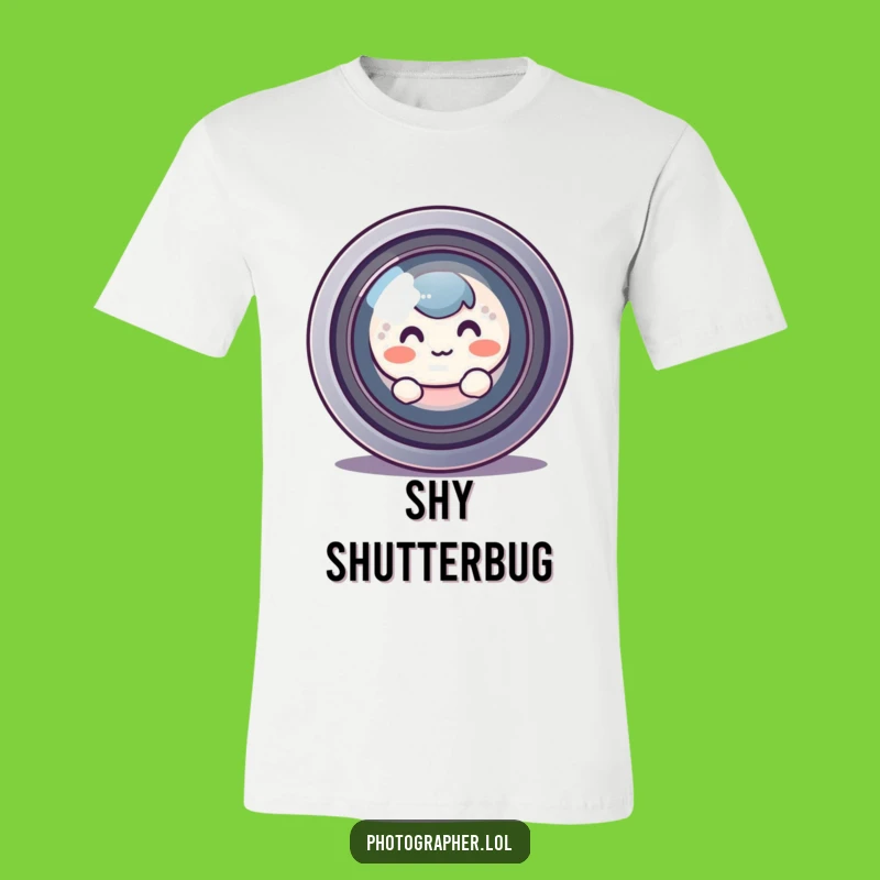 Show your love for photography with this funny t-shirt! A shy, blushing character peeks from behind a giant camera lens, celebrating the art.