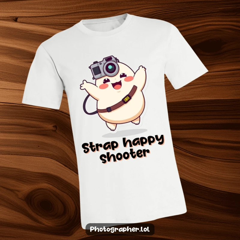 Funny plump character energetically bouncing with a camera strap, a humorous t-shirt for joyful photographers.